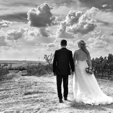 Hochzeitspaar spaziert am Hochzeitstag durch die Weinberge in Worms Abenheim
